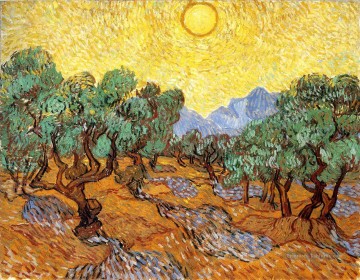  jaune tableaux - Oliviers avec ciel jaune et soleil Vincent van Gogh paysage